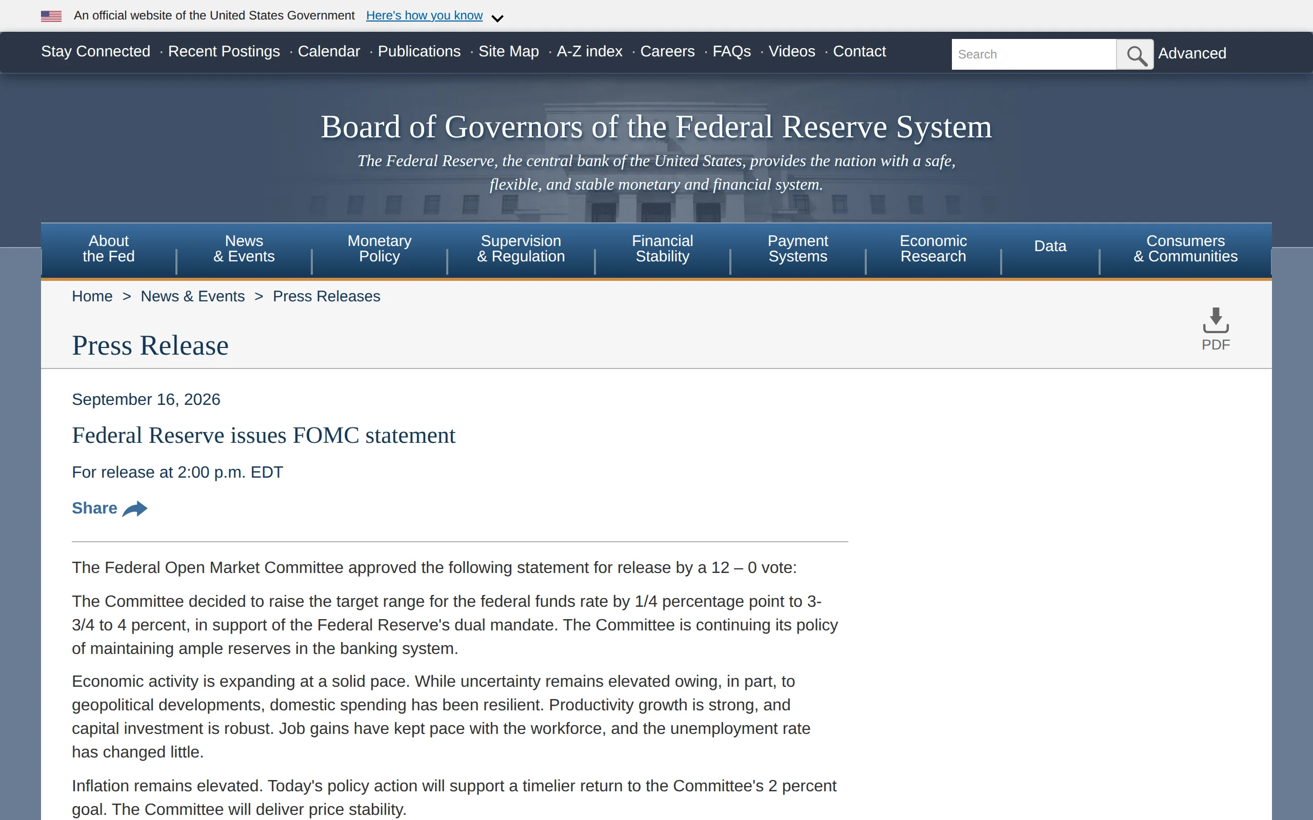 Federal Reserve press release dated 16 September 2026 announcing a quarter-point increase to a 3.75 to 4 percent target range on a 12-0 vote