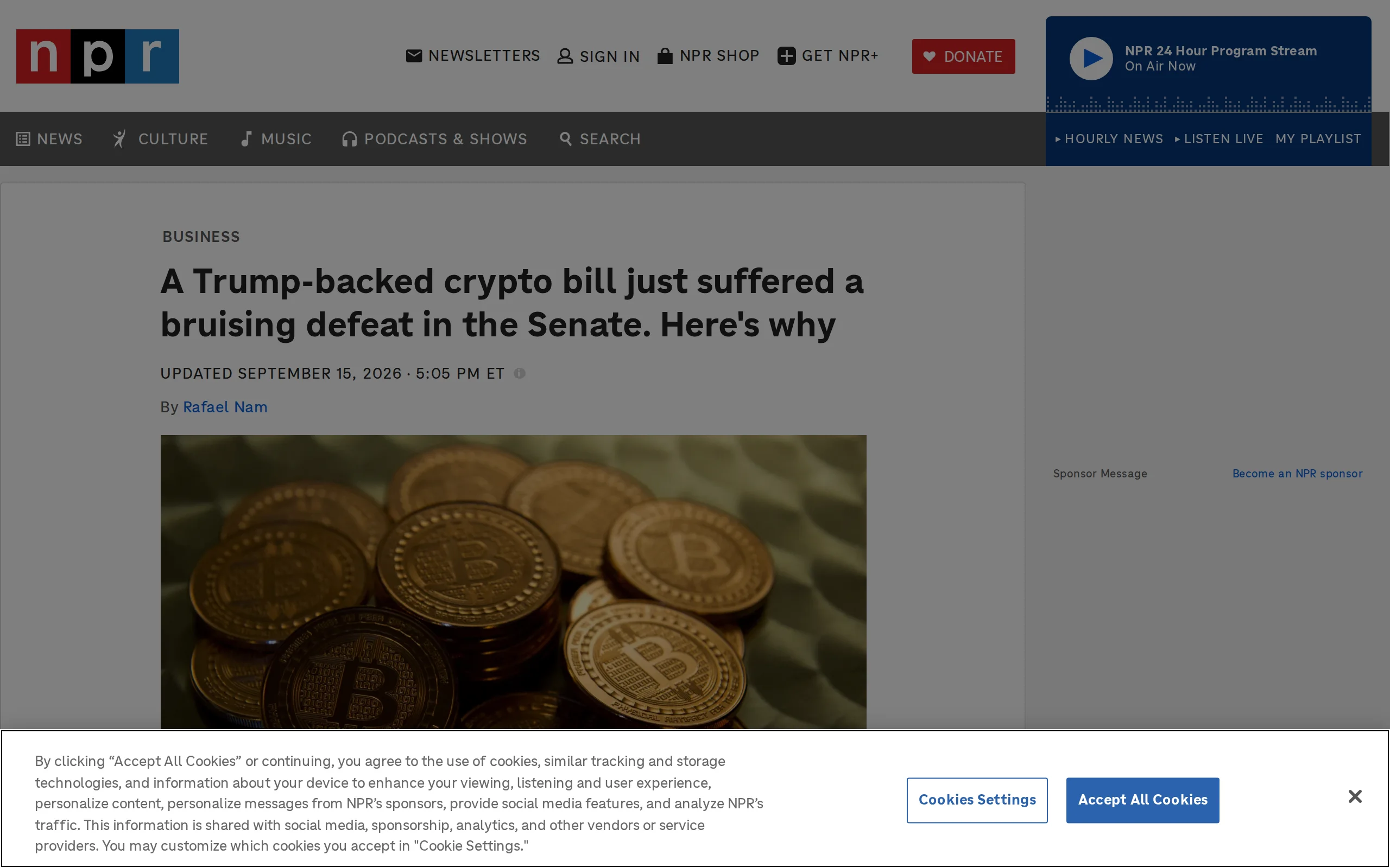 NPR article dated 15 September 2026 headlined 'A Trump-backed crypto bill just suffered a bruising defeat in the Senate'