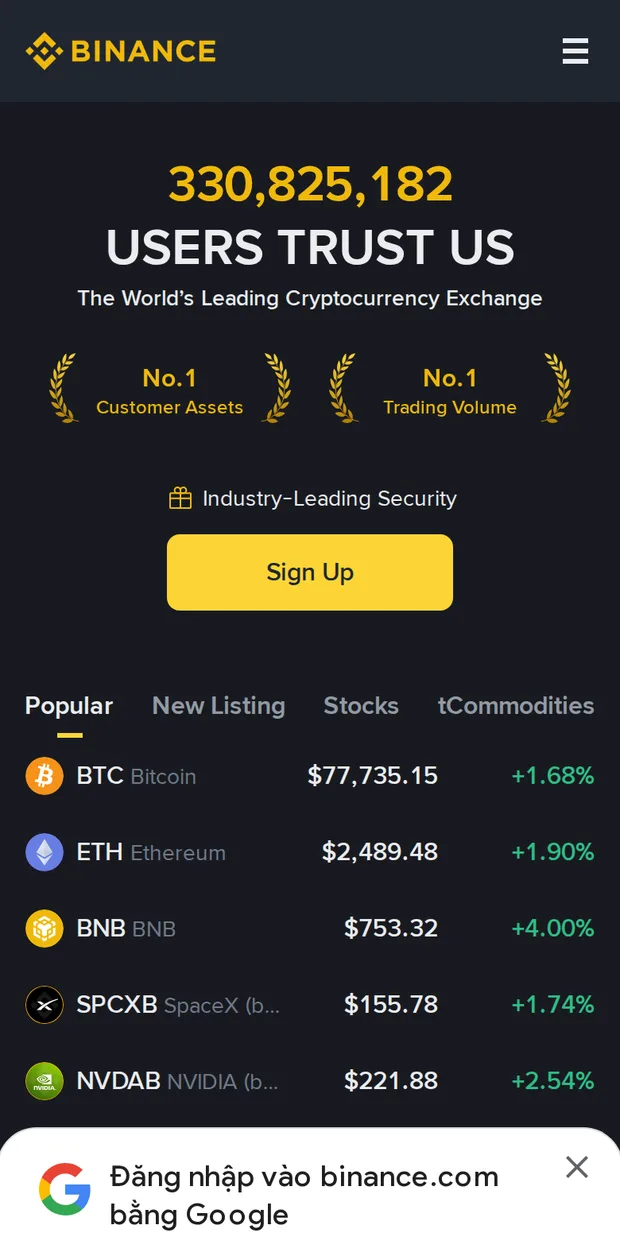 Binance homepage rendered at phone width