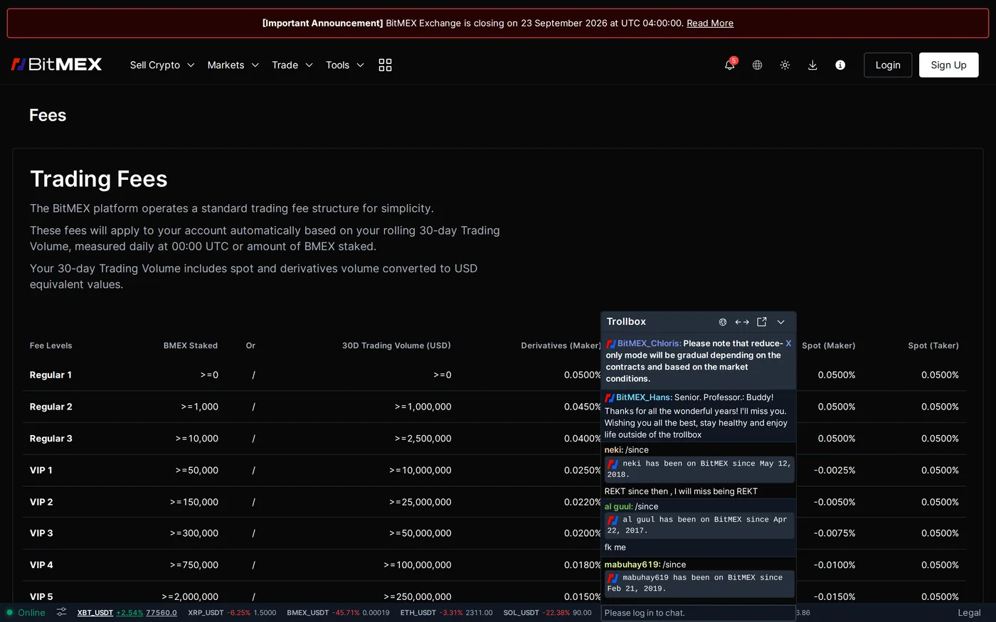 BitMEX's fees page