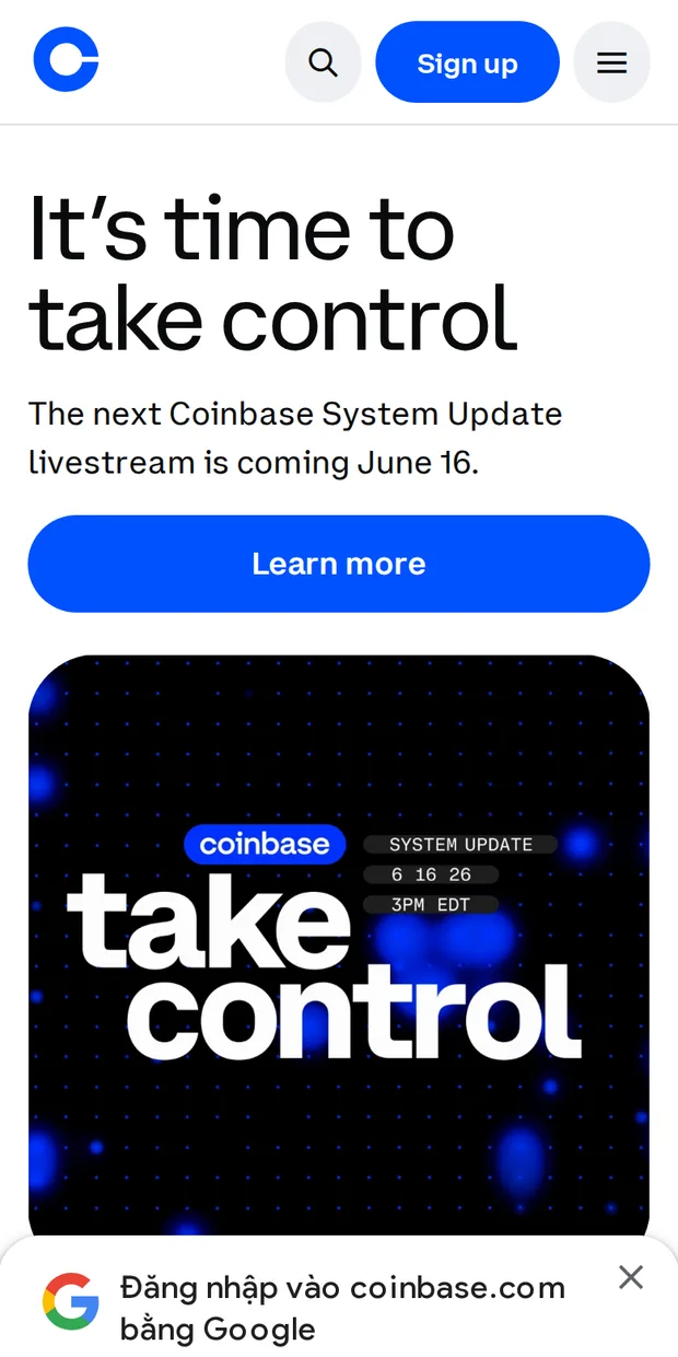 The Coinbase site at phone width