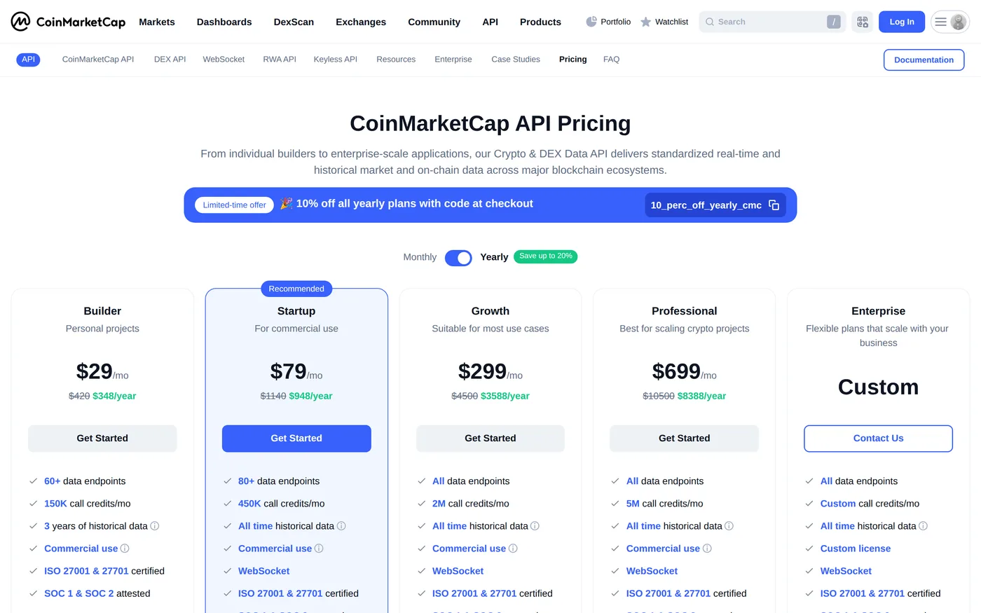 CoinMarketCap's API pricing page