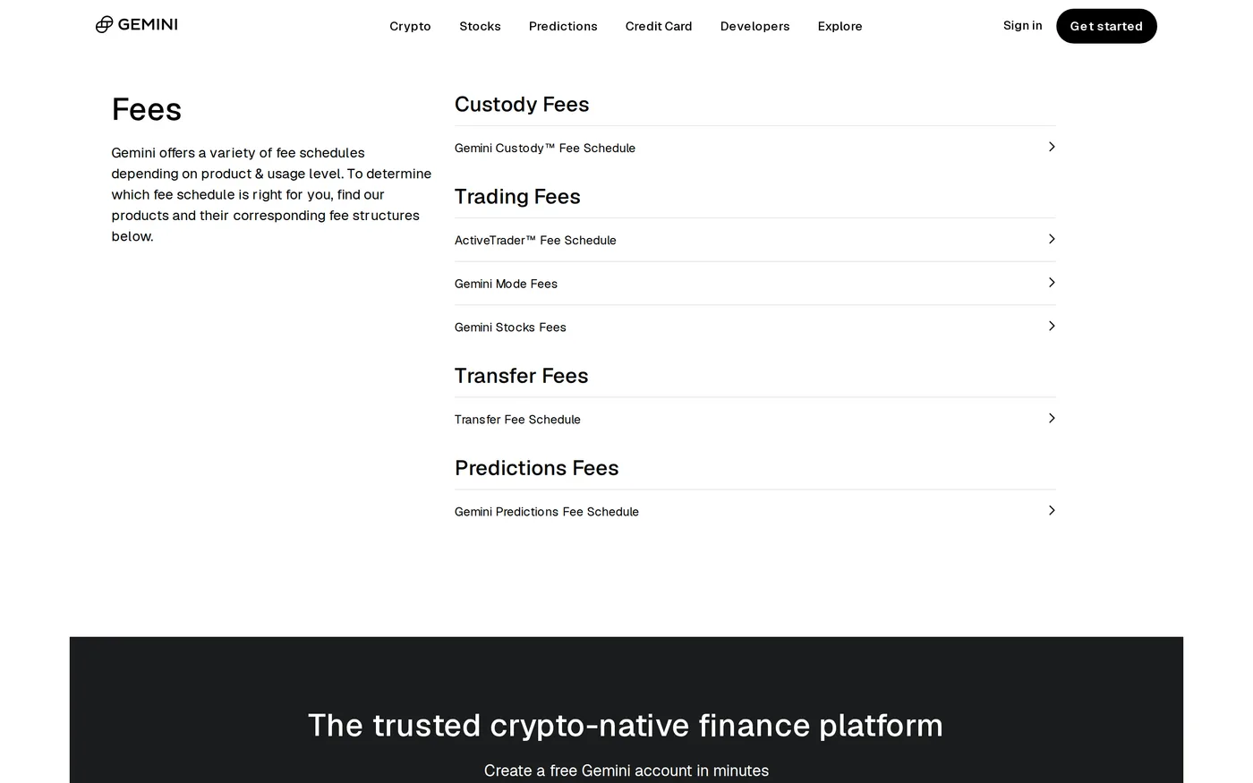 Gemini's fee schedules page