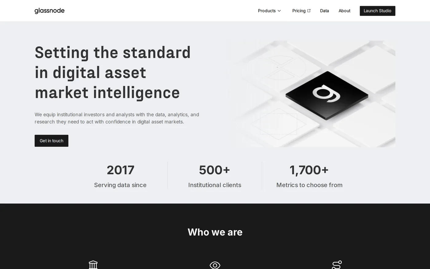 Glassnode's about page describing its data and research