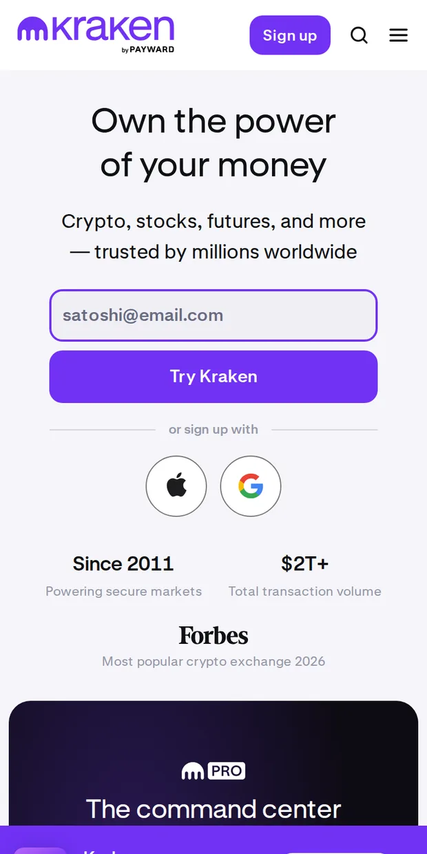 Kraken's website at phone width