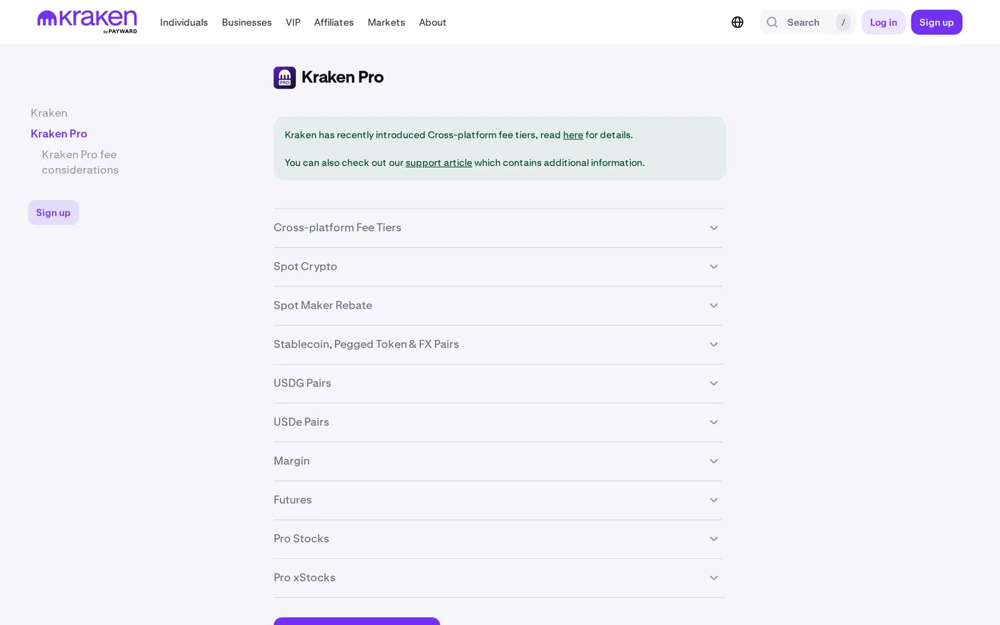 Kraken's published fee schedule page showing maker and taker tiers