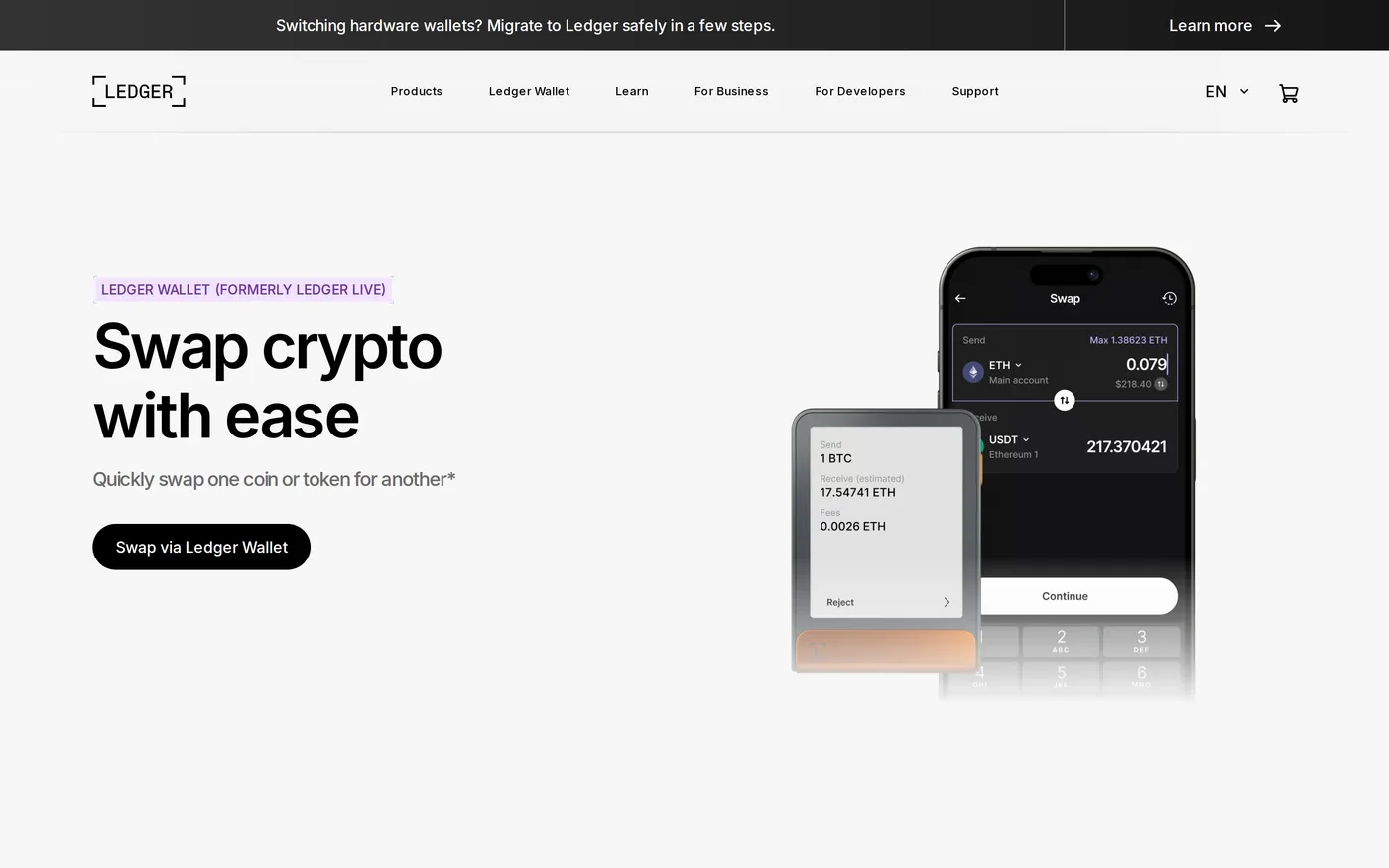 Ledger's swap page inside its ecosystem