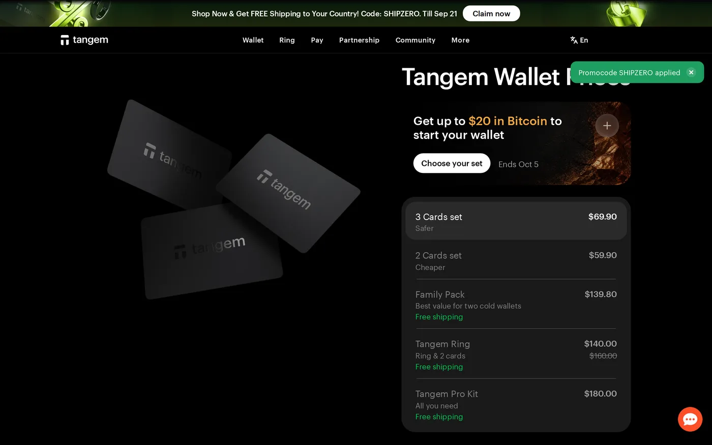 Tangem's pricing page showing card and ring packs