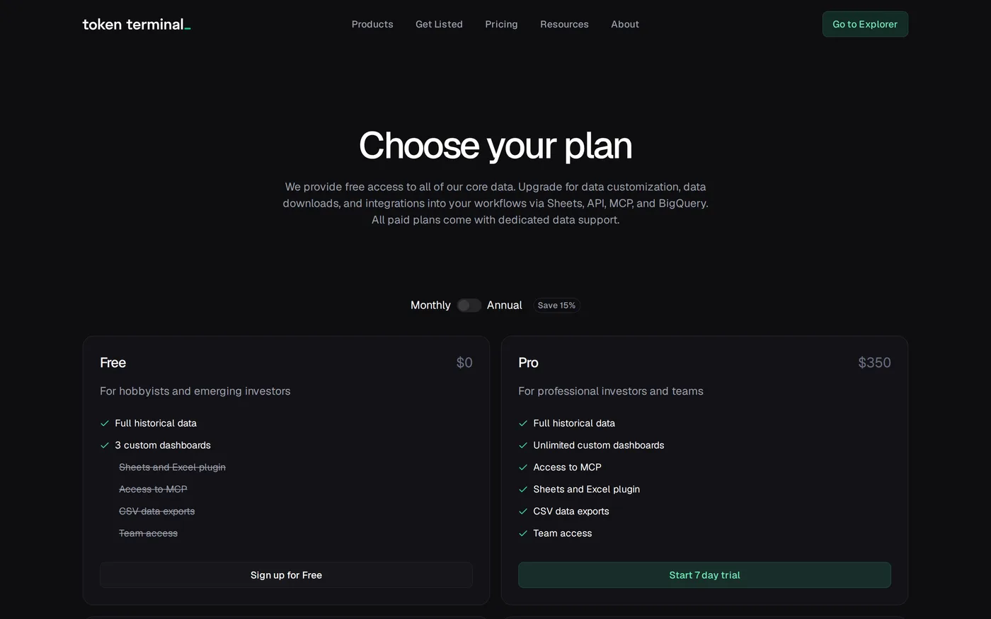 Token Terminal's pricing page