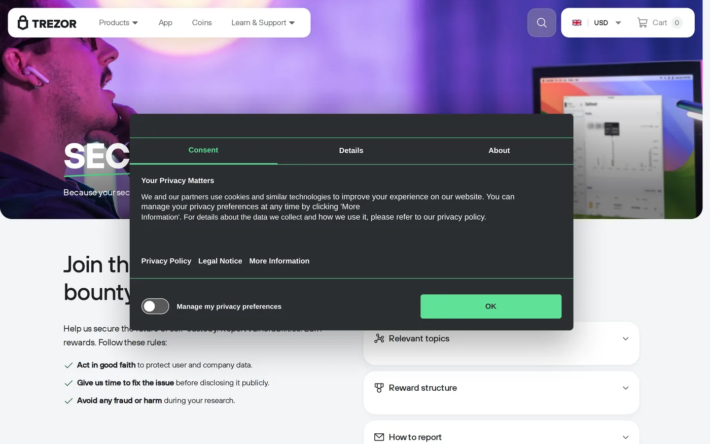 Trezor's security portal explaining the protection model